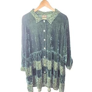 Maiwa Plush Boho Green Silk Velvet Dress/Tunic With Burned Velvet Detail  Lg